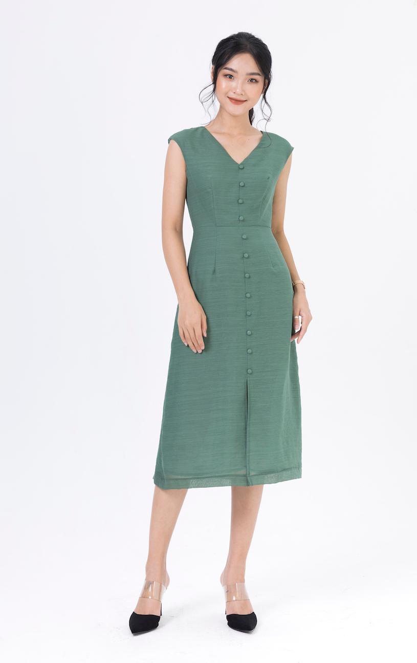 De Leah - Đầm Ôm Midi Xẻ trước - Xanh rêu