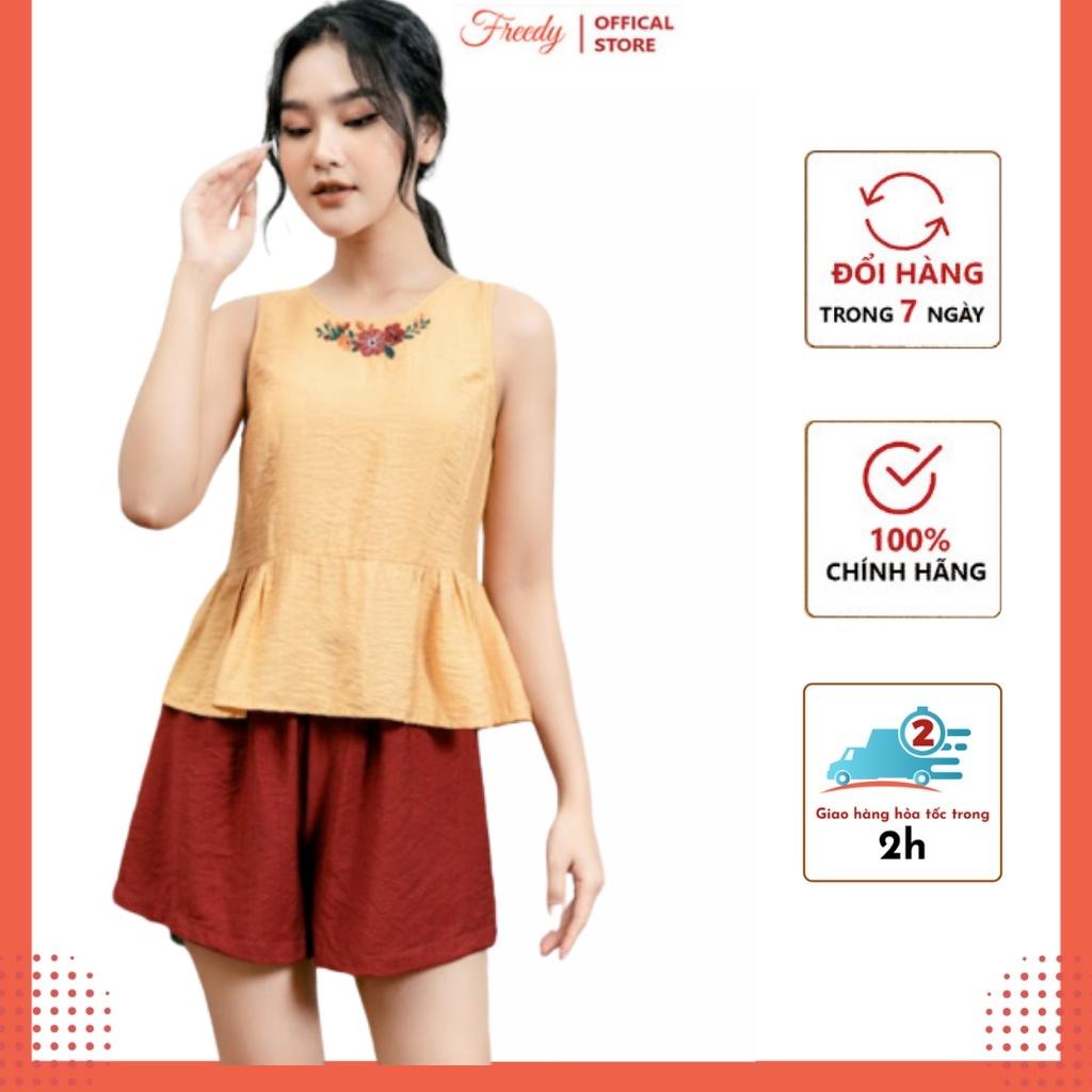 Đồ ngủ mặc nhà bộ sát nách nữ nhún, thêu Freedy - WBS2205