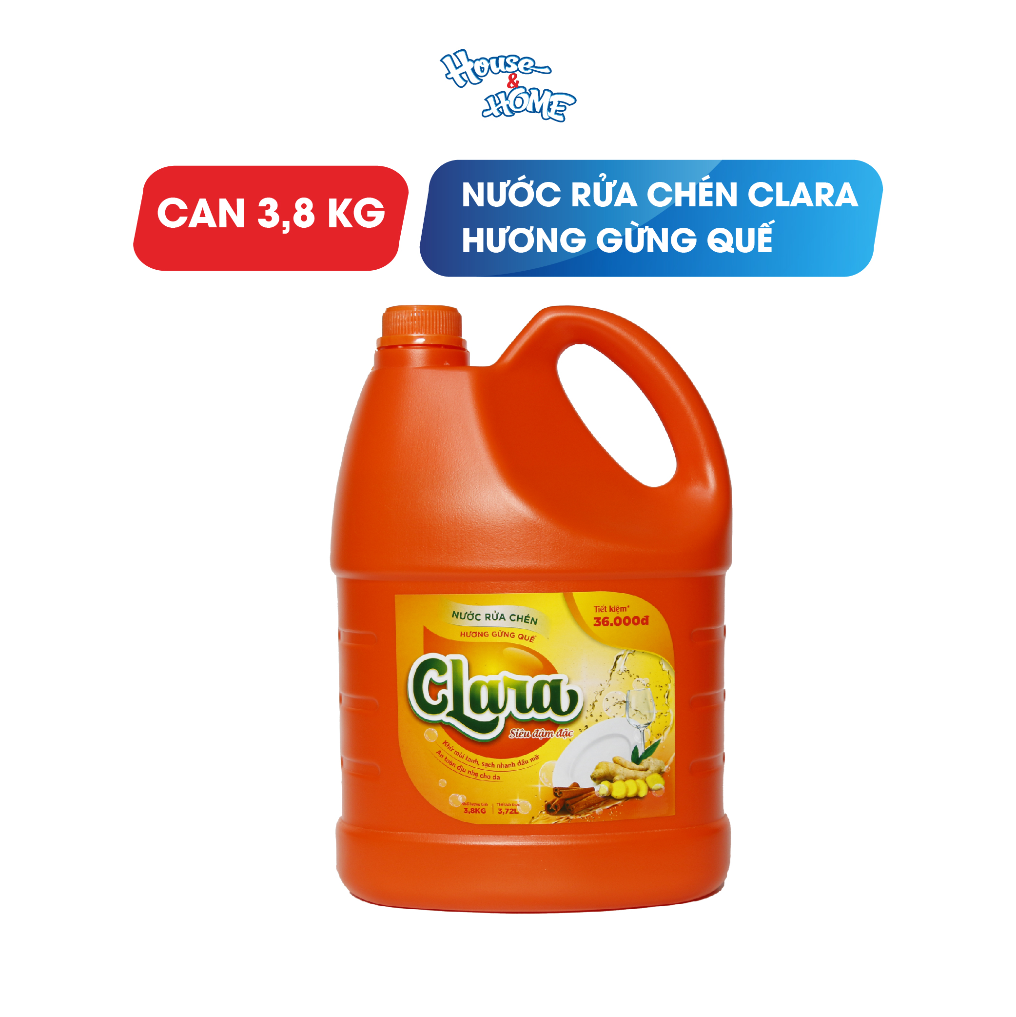 Nước rửa chén bát Clara tinh chất hương gừng quế can 3,8kg