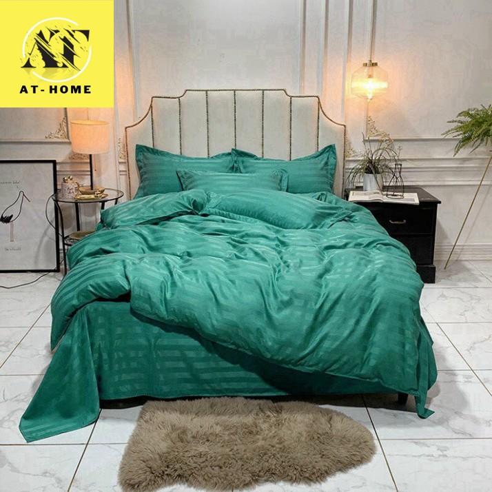 Bộ 4 Món Ga Gối SỌC 3F Vải Cotton Lụa - Xanh Lá Cây - LAN PHAM BEDDING