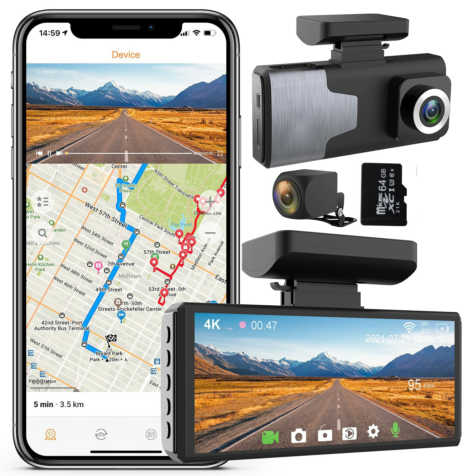 Mini Camera Hành Trình 4 Inch Ô Tô Màn Hình Gương Tràn Viền - Thẻ 64GB