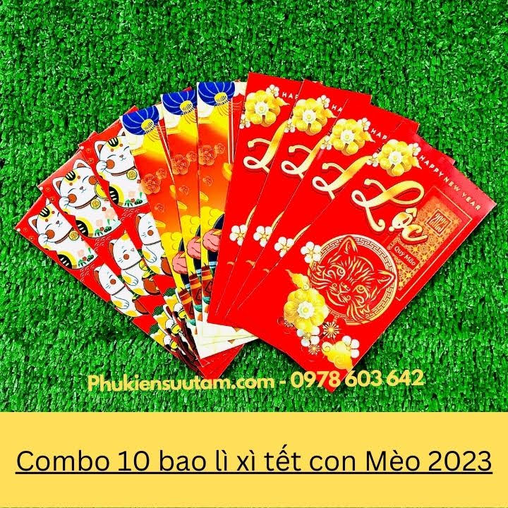 Combo 10 Bao Lì Xì Tết Con Mèo 2023, kích thước: 16cmx8cm, màu đỏ - SP000365