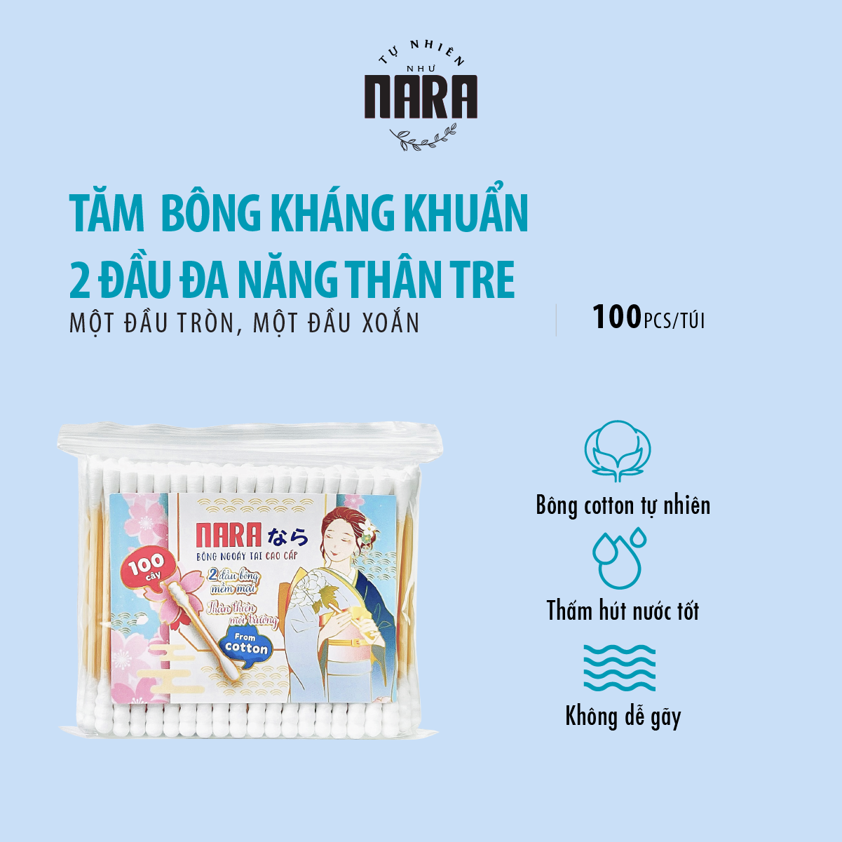 Tăm bông Nara 2 đầu đa năng màu xanh túi 100 cái