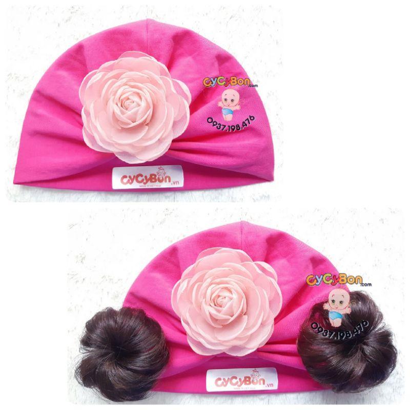 Mũ Nón Turban Tóc Giả Cho Bé Gái Màu Hồng Đậm Đính Bông Hồng Ruốc Vải Cotton Co Giãn