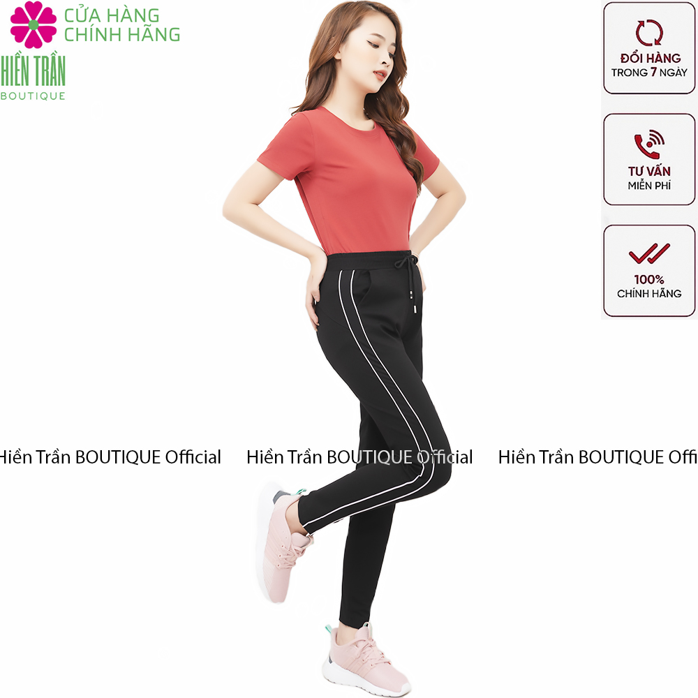 Hình ảnh Quần jogger nữ Hiền Trần BOUTIQUE dáng dài cạp chun dây buộc, kiểu sọc nhí 2 bên