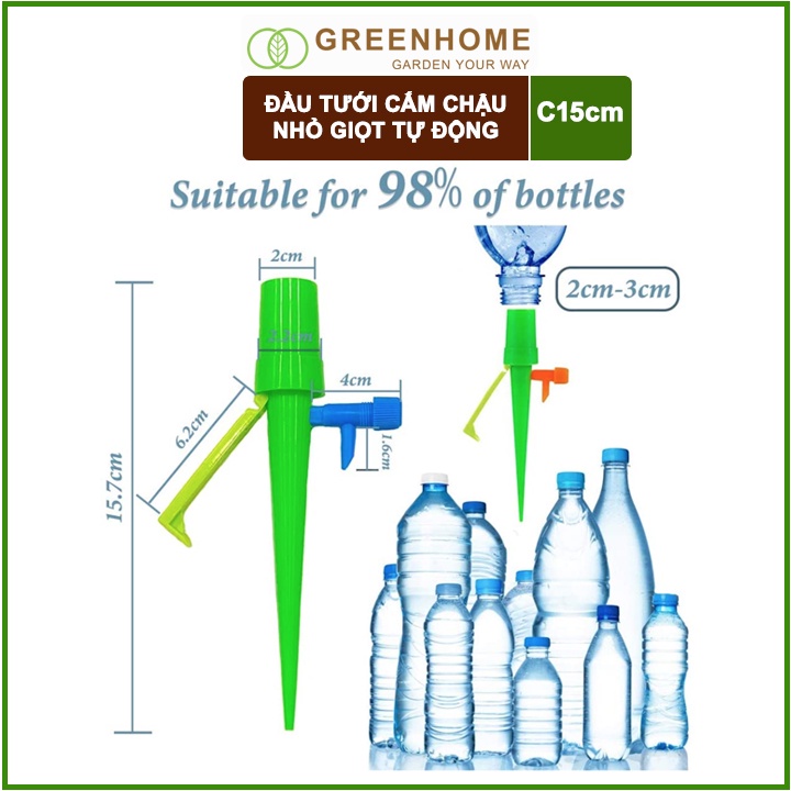 Đầu Tưới Nhỏ Giọt Gắn Chai Nước GreenHome, D13cm, Bền Bỉ, Dễ Sử Dụng, Chỉnh Được Lượng Nước, Màu Ngẫu Nhiên