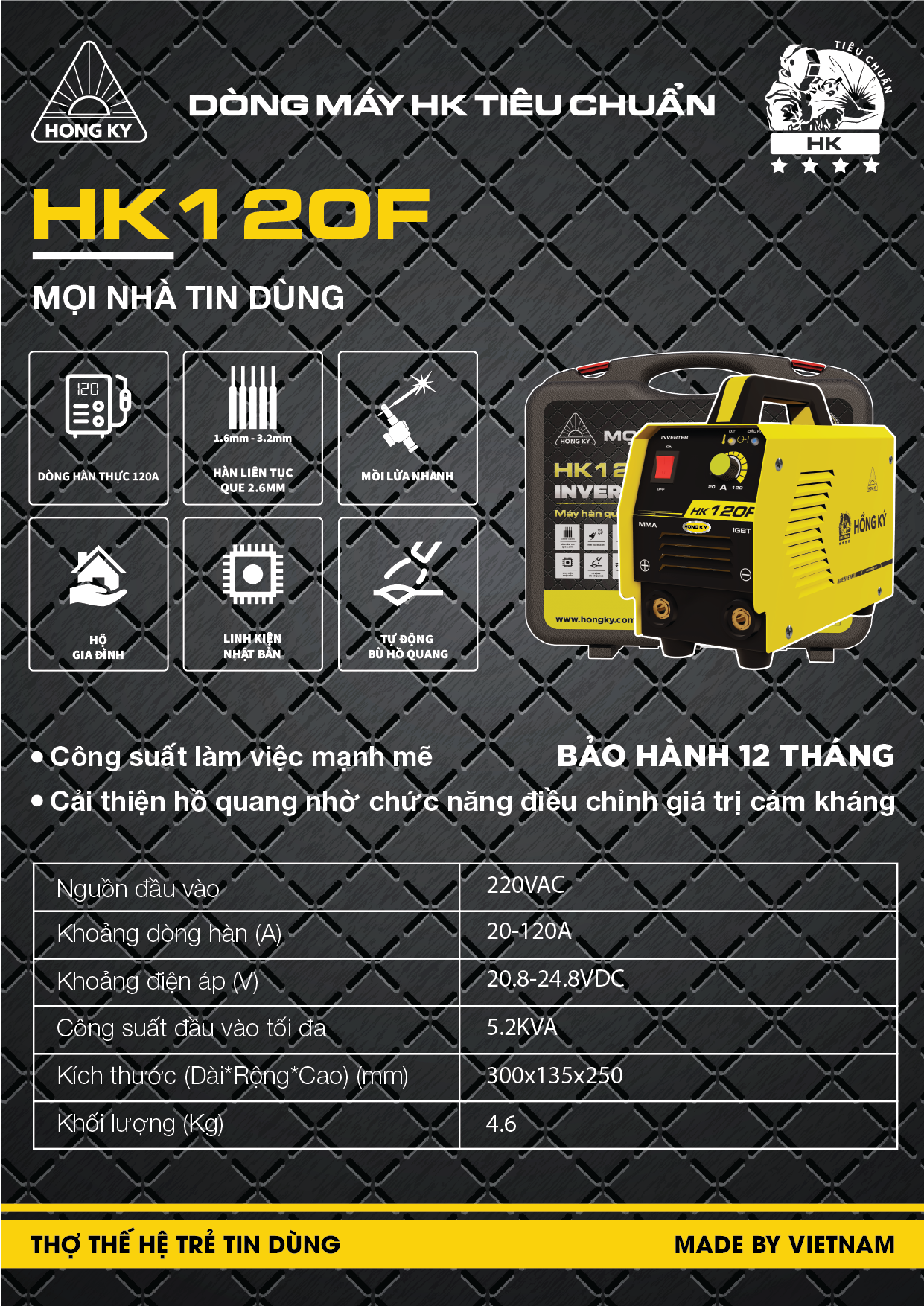 Máy hàn que MMA Hồng Ký Inverter 120 Ampe 220V HK120F