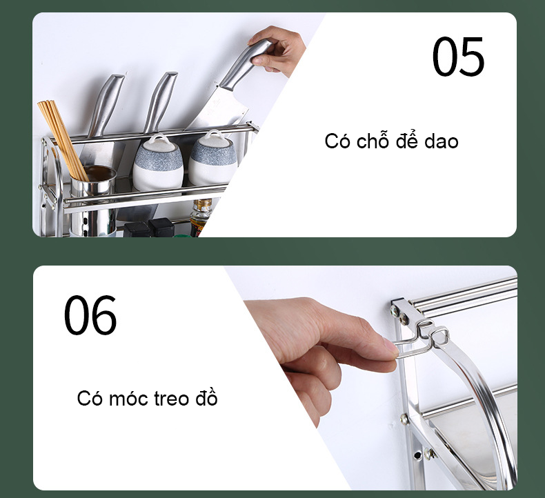 Kệ để gia vị Kệ đựng gia vị trong tủ bếp 2 tầng và 3 tầng đa năng bằng Inox 304 không gỉ, có ống để đũa, giá để dao thớt