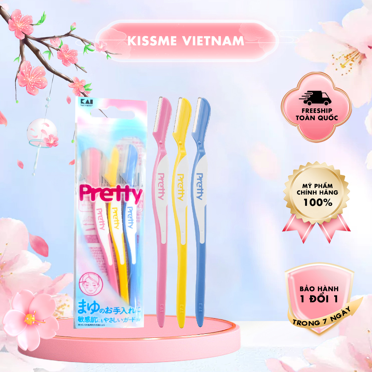 Dao Cạo Lông Mày Cán Dài Kai Pretty 12860 - FRML-3PN (Set 3 cây)
