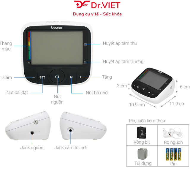 Máy đo huyết áp bắp tay tặng kèm adapter Beurer BM40 Chính hãng - Cảnh báo huyết áp và nhịp tim, chế độ tự động đo chính xác cao, thiết kế gọn nhẹ