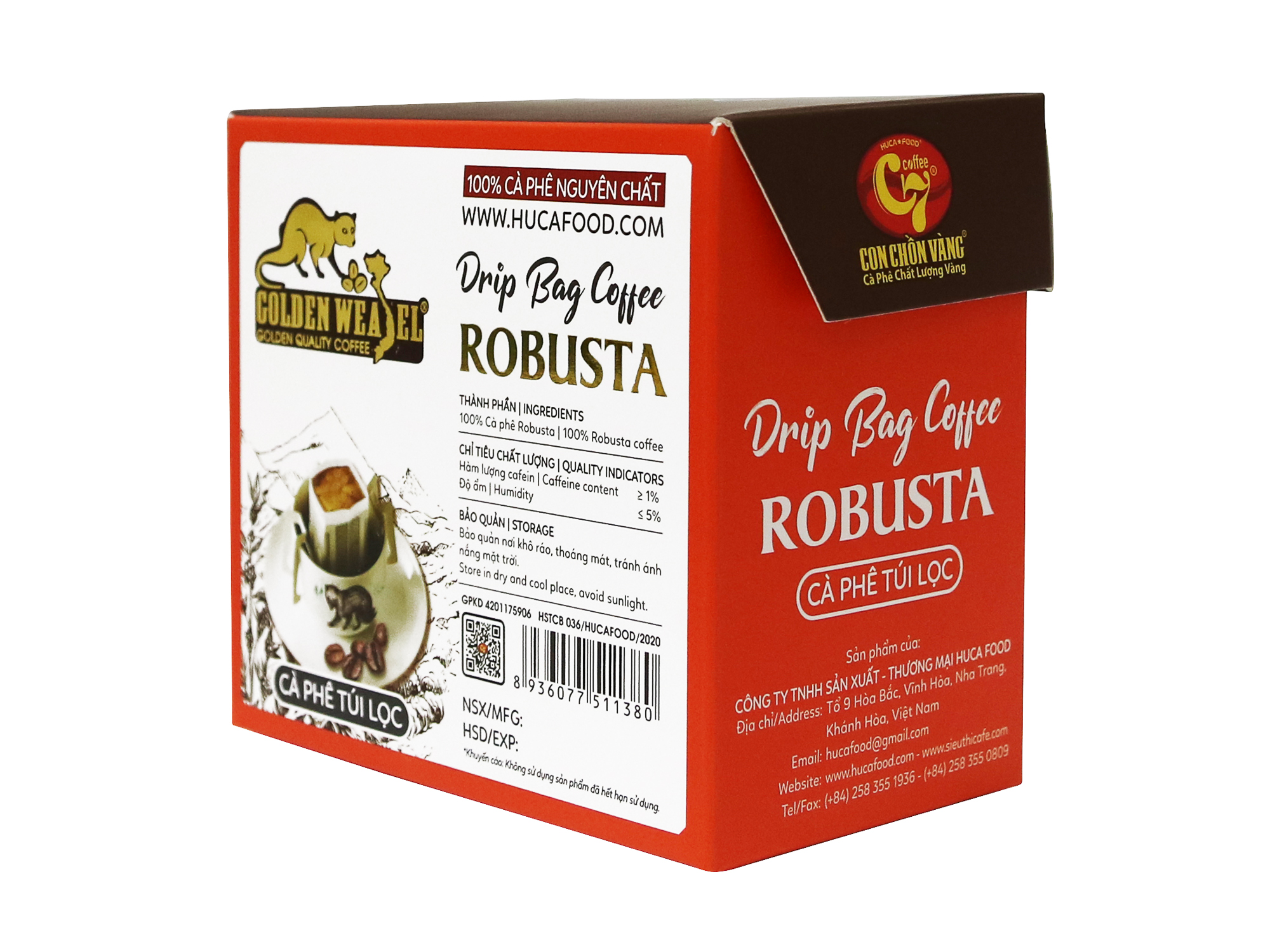 Cà Phê Túi Lọc Robusta Nguyên Chất 100% Con Chồn Vàng Hộp 150Gr - Huca Food