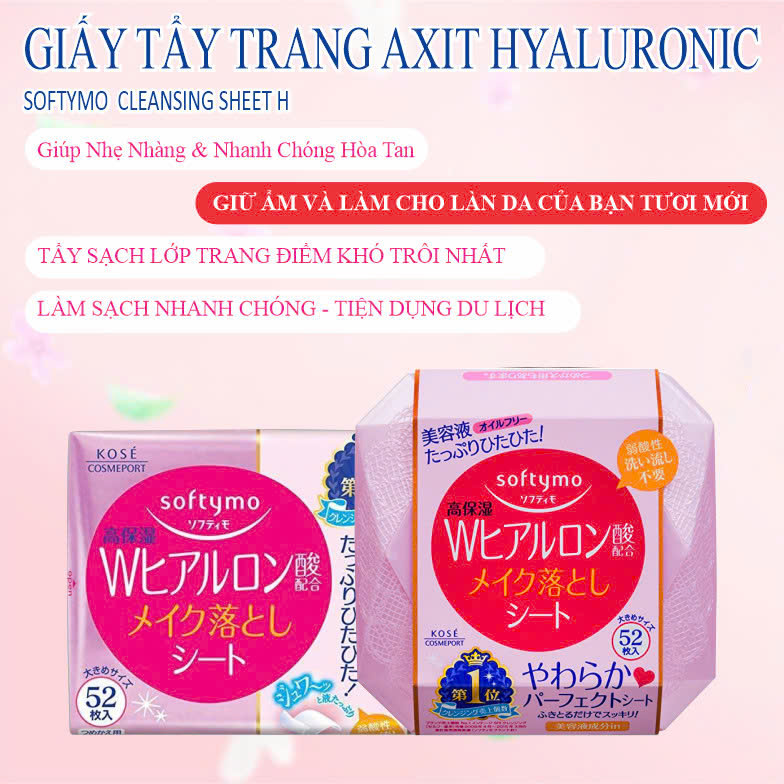 Khăn Giấy Tẩy Trang Dưỡng Mịn Da Hyaluronic Acid Kose Softymo Makeup Remover Sheet H (52 Tờ/Hộp)