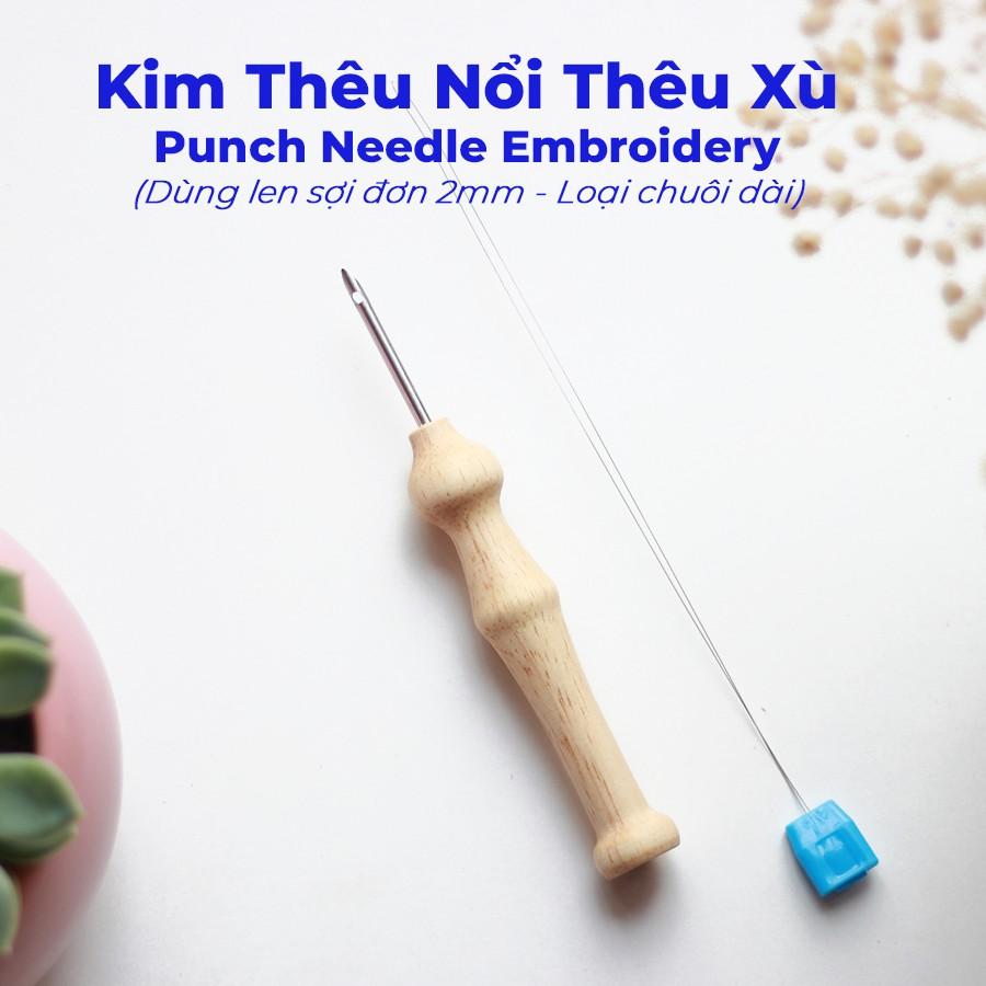 Kim Thêu Nổi Thêu Xù Wooden Punch Needle Dùng 1 Sợi Len Đan Móc Chuôi Gỗ Loại Dài