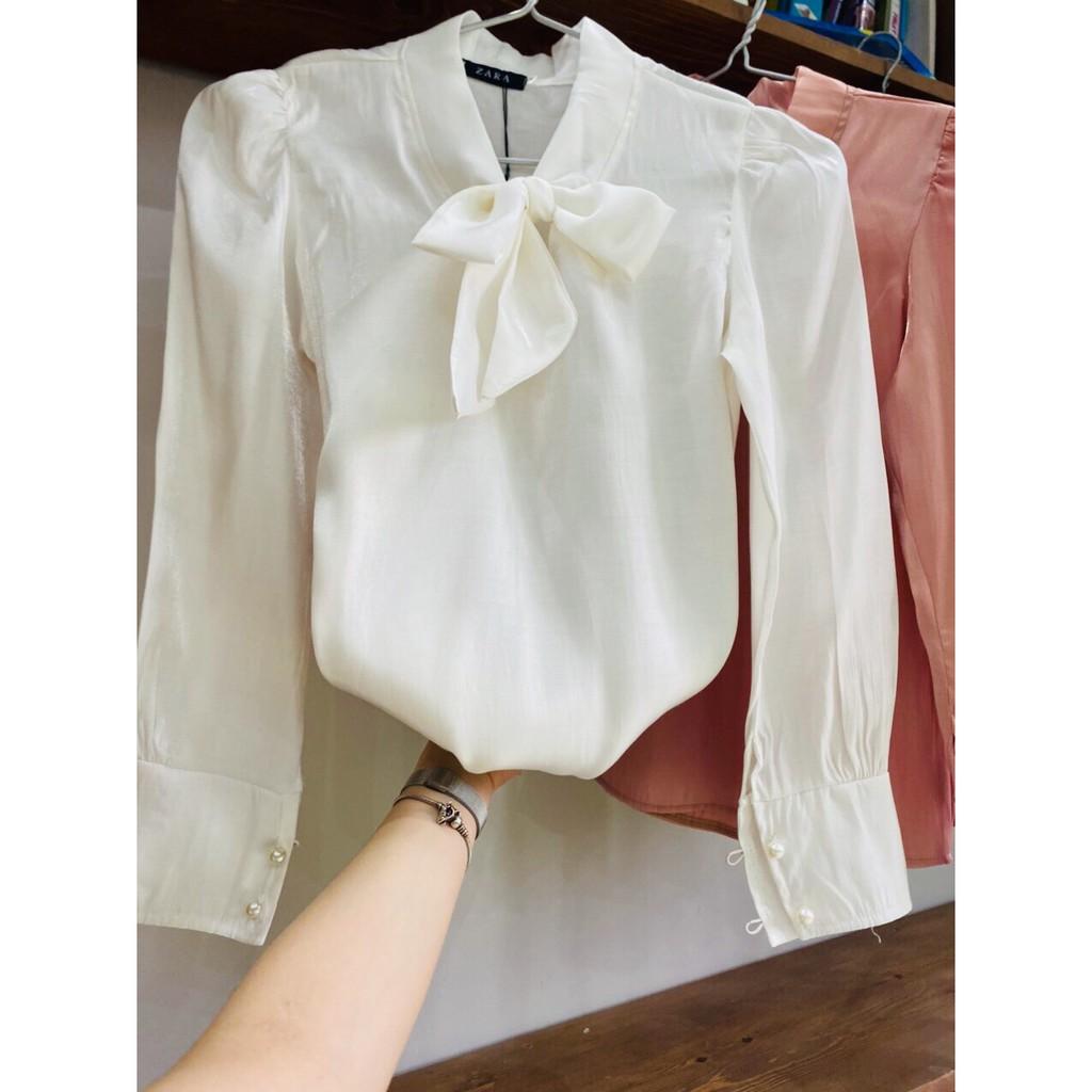 Áo sơ mi nữ công sở áo sơ mi dài tay cổ nơ chất tơ sống siêu xinh thời trang Banamo áo tống cổ nơ 391