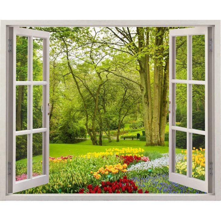 Tranh dán tường cửa sổ 3D cảnh vườn hoa đẹp 0098
