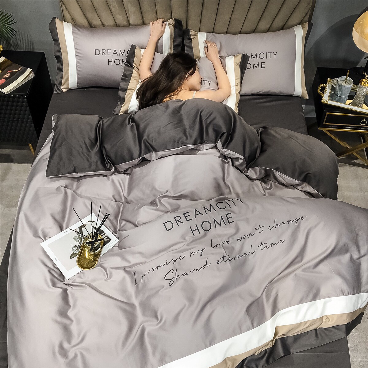 Set Chăn Ga Gối Lụa Tencel Cao Cấp - Ghi