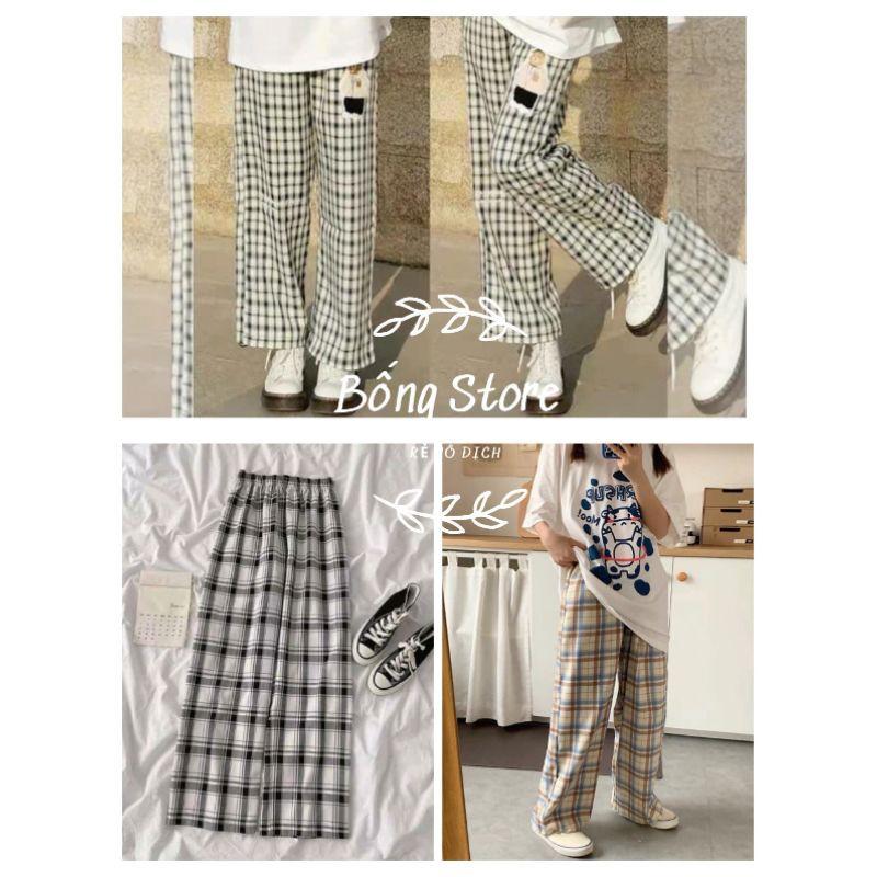 Quần Kẻ Nữ Cạp Chun Caro Lưng Cao Dáng Rộng Ống Suông ulzzang full màu hot Bống Store