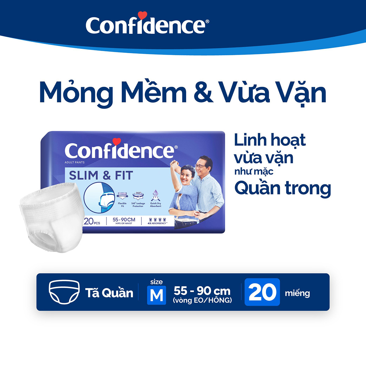 Tã quần Người Lớn Confidence Slim & Fit size M20 (20 miếng)