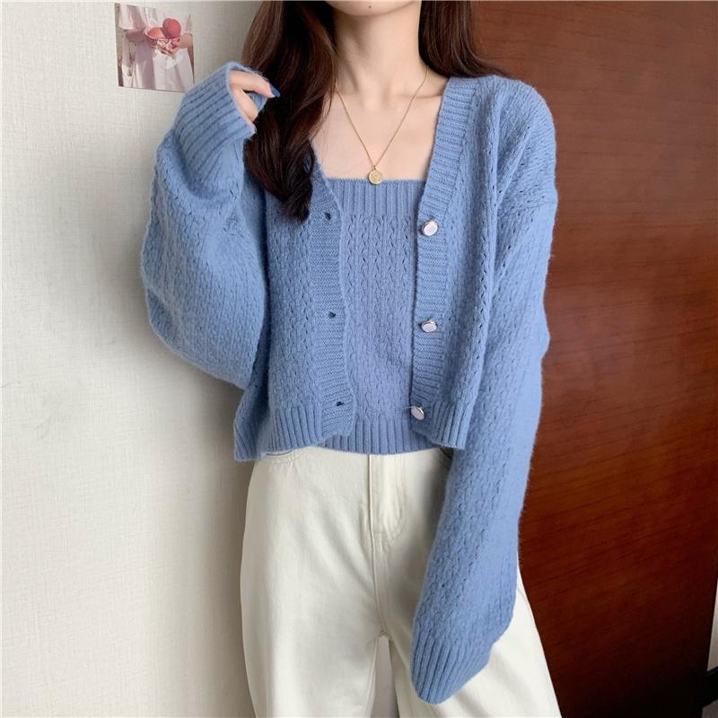 Áo khoác cardigan nữ set 2 chi tiết kèm áo hai dây len dệt kim nữ dài tay dáng ngắn ulzzang phong cách Hàn Quốc C-9