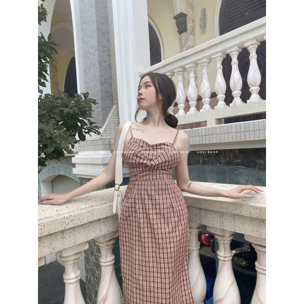 Váy Đầm hai dây caro nơ xoắn ngực suông dài (Checked dress) nhà LOVI