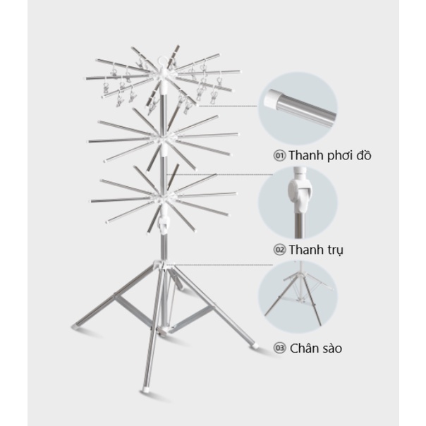 Cây sào phơi đồ inox thông minh gấp gọn Sothing 3 tầng 80 kẹp treo đồ cho bé- Hàng chính hãng