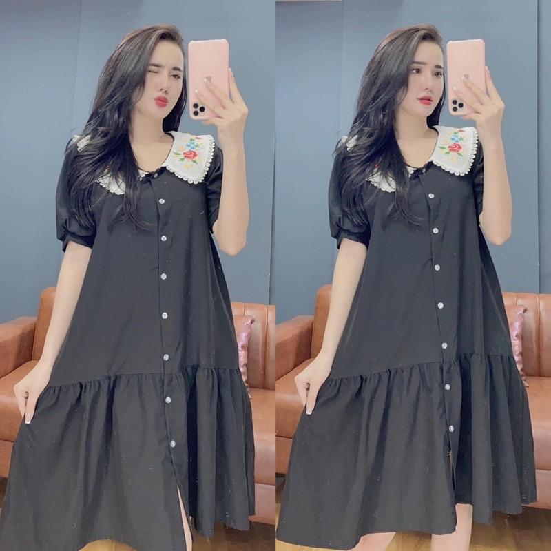 Đầm cổ thêu hoa tay phồng dễ thương