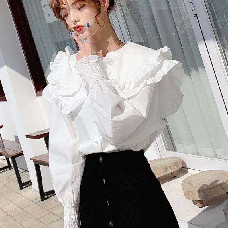 Áo sơ mi cổ bèo bản to tay dài bồng bềnh tiểu thư