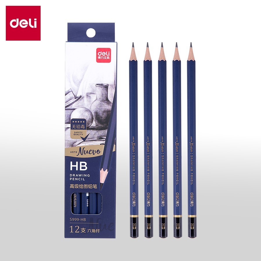 Hộp 12 cây bút chì phác thảo chuyên nghiệp Deli S999 độ cứng từ HB - 14B