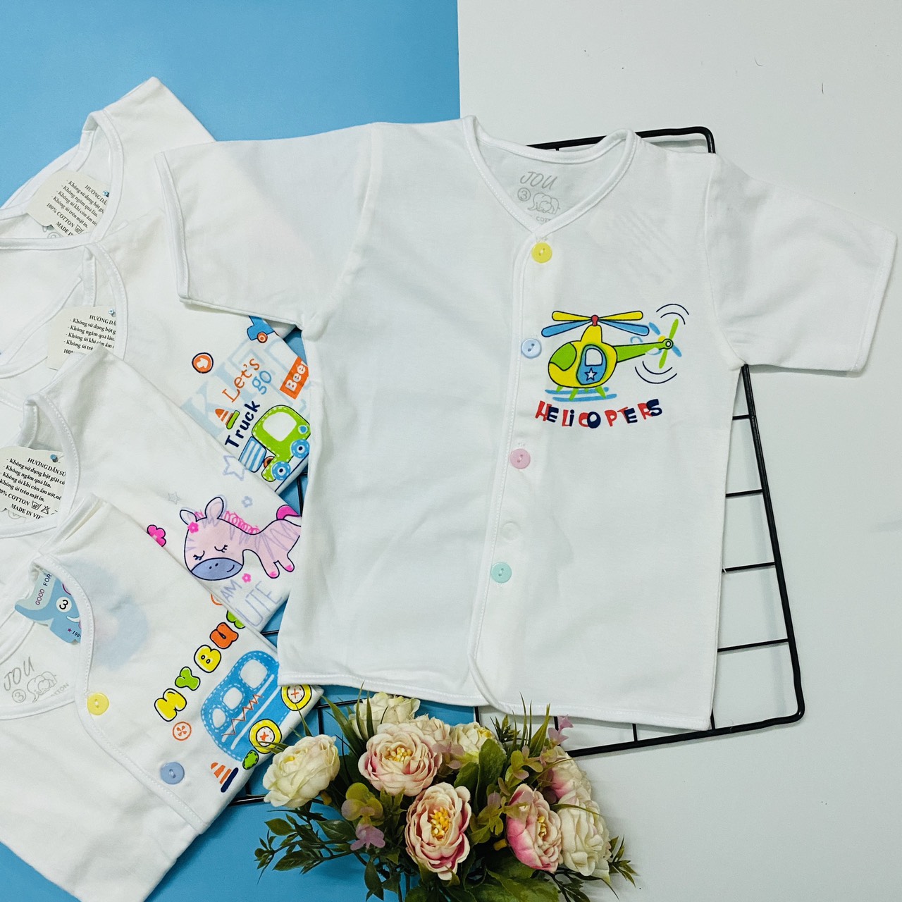 Set 5 áo sơ sinh cotton tay ngắn cài nút giữa trắng J-Tomtom Baby cho bé trai, bé gái - Giao hình ngẫu nhiên