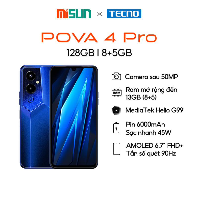 Điện thoại Gaming Tecno POVA 4 PRO 8GB/128GB - Media Tek G99 | 6000 mAh | Sạc nhanh 45W - Bảo hành 13 Tháng - Hàng Chính Hãng