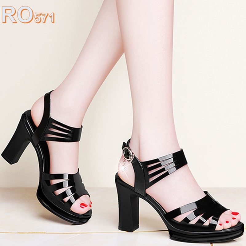 Giày sandal nữ cao gót 8 phân hàng hiệu rosata đẹp hai màu đen chì ro571