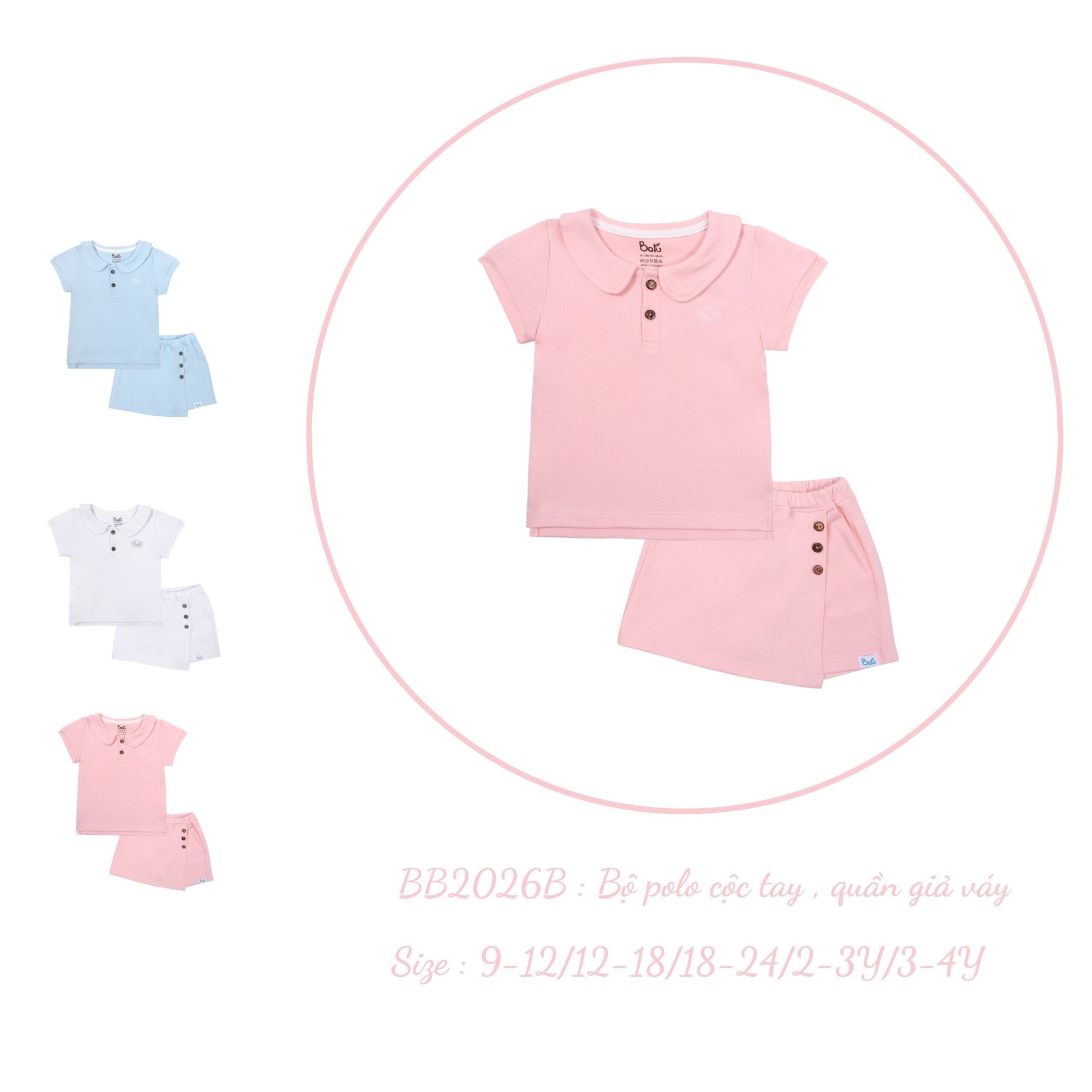 Bộ cộc tay polo kèm quần giả váy  BARU cho bé gái cotton 100%- thời trang trẻ em ( 6M -4Y )