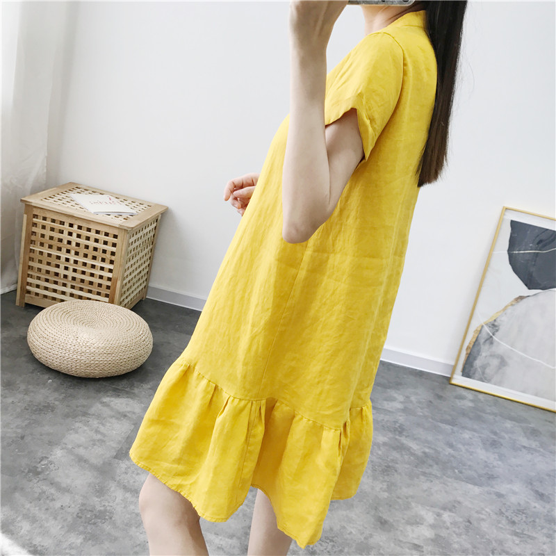 Đầm Linen suông đuôi cá, Váy midi nữ cổ trụ phối cúc chất linen mát Đũi Việt Dv80