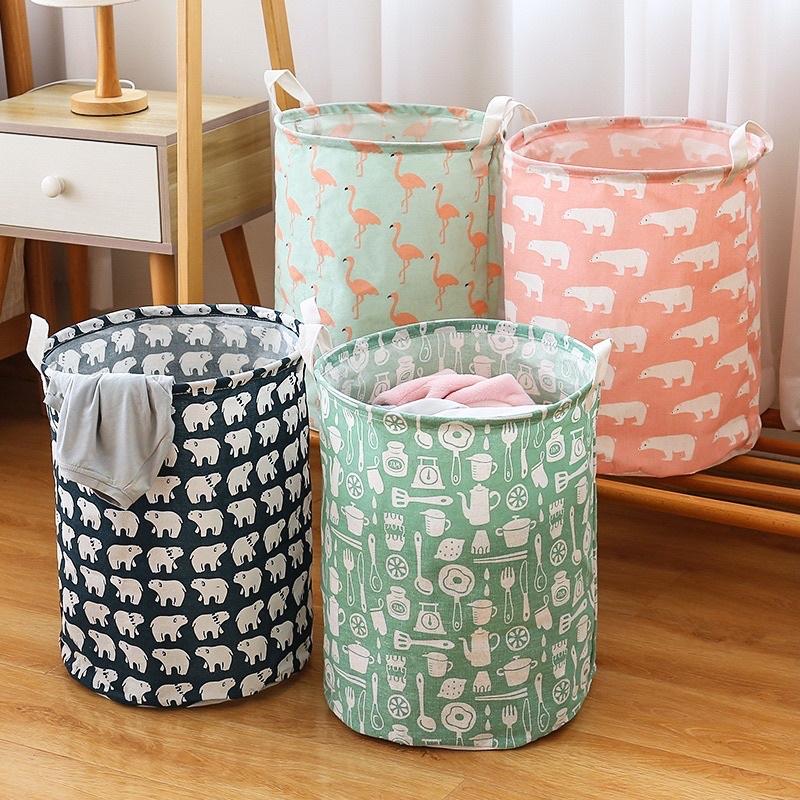Sọt vải đựng đồ gấp gọn tiện dụng HOẠ TIẾT dễ thương hình trụ có tay cầm - Giỏ vải đựng đồ đa năng Vintage size lớn