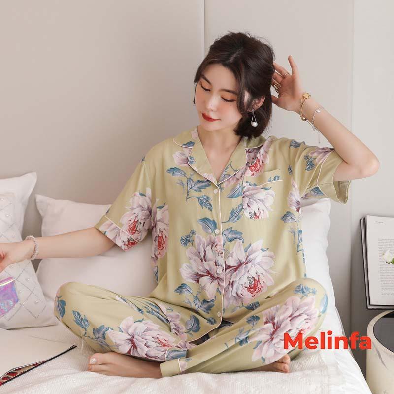 Bộ đồ ngủ Pijamas, bộ đồ mặc nhà nữ cộc tay, quần dài chất vải Cotton lụa tự nhiên thoáng mát nhiều màu mã VABD0174