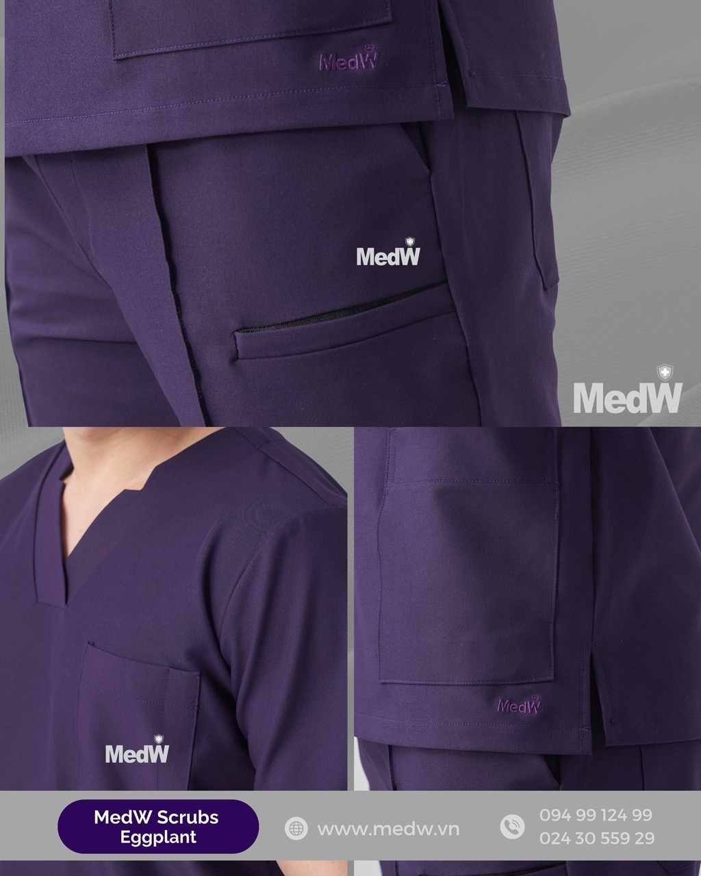 MedW Apollo Scrubs Y Tế Eggplant (Nam) Tím Cà Đậm Bộ Trang Phục Y Tế Bác Sĩ, Điều Dưỡng Phòng Khám Bệnh Viện Thẩm Mỹ Nha KHoa Da Liễu Vật Liệu Y Tế Cotton Xếp Ly Giữ Dáng. Thêu Tên Logo Thương Hiệu