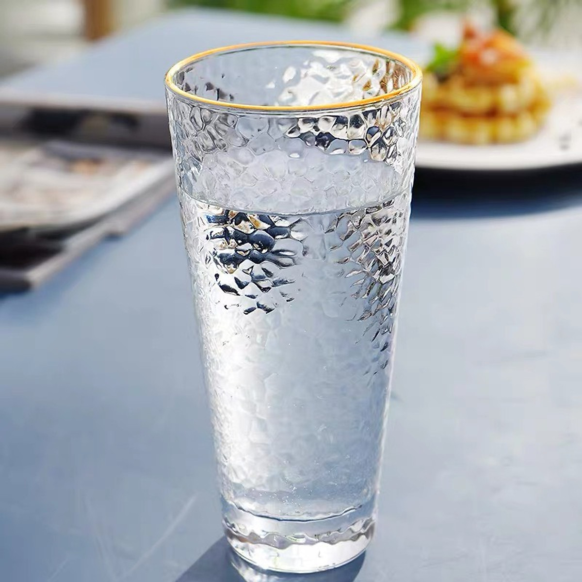 Bộ 2 Ly, Cốc thủy tinh chịu nhiệt cao cấp dập vân nổi viền vàng - Cao