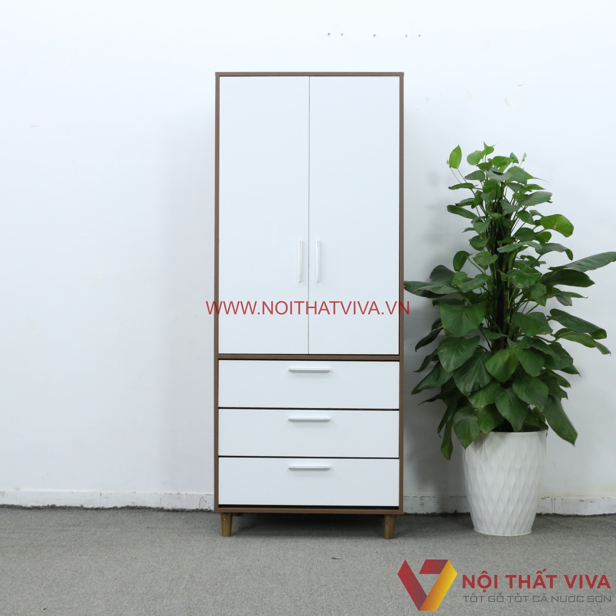 Tủ Mini Đựng Quần Áo Gỗ MDF Có Chân Màu Óc Chó Phối Trắng Đẹp Giá Rẻ