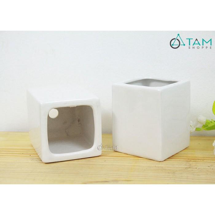 Chậu gốm trồng cây vuông trắng số 70