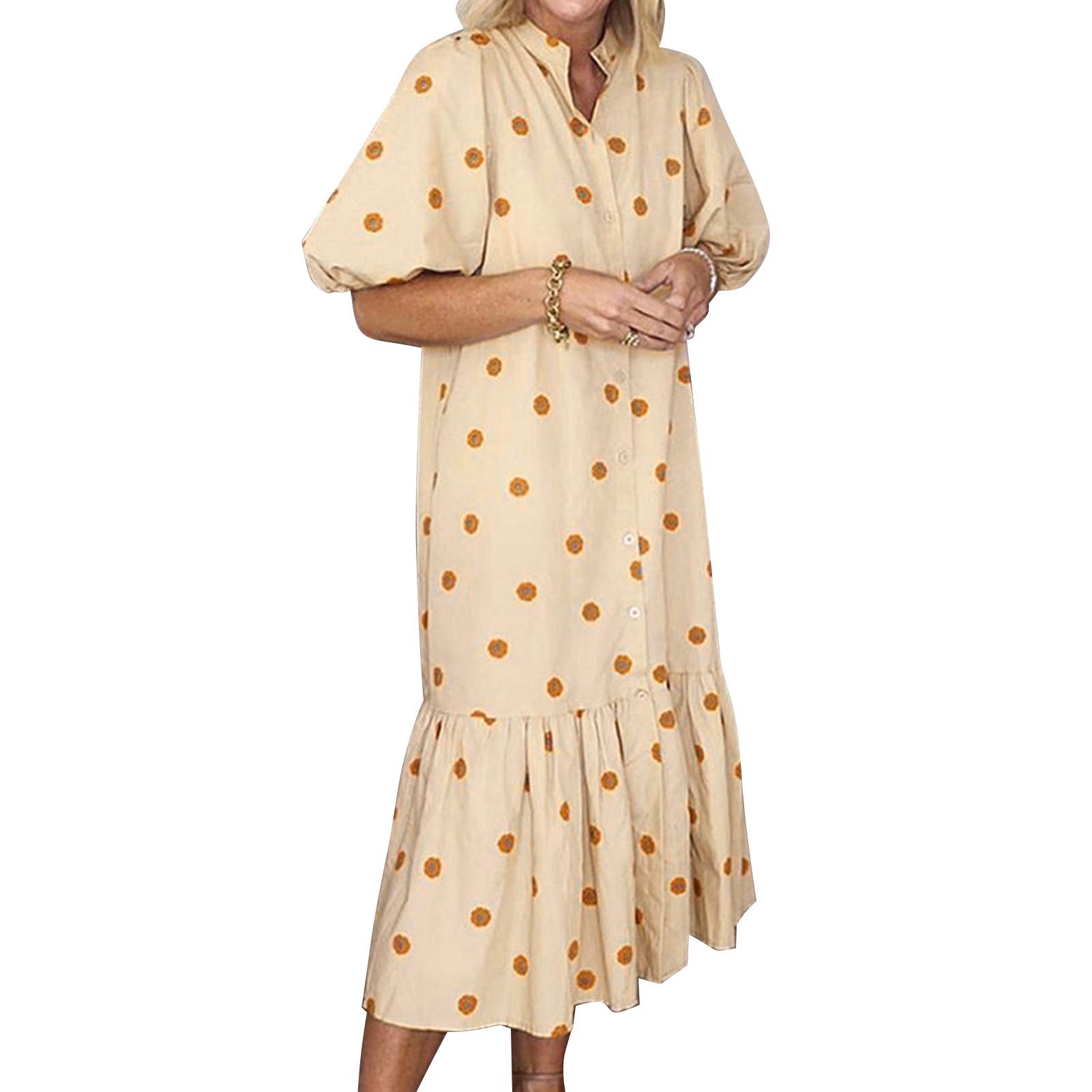 Fashion Women Dress Polka Dot Print Stand Collar Short Sleeve Button Casual Sweet Dress