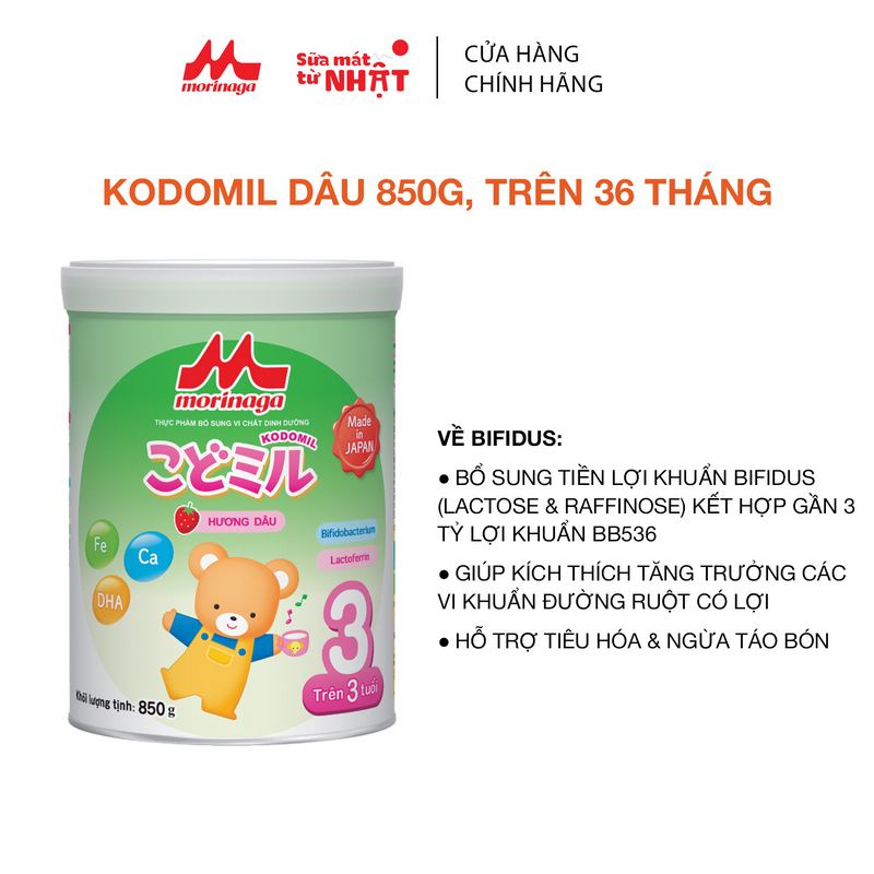 Sữa Morinaga số 3 Kodomil lon 850g hương Vani / hương dâu - cho bé từ 3 tuổi trở lên Hàng nguyên đai, nguyên tem