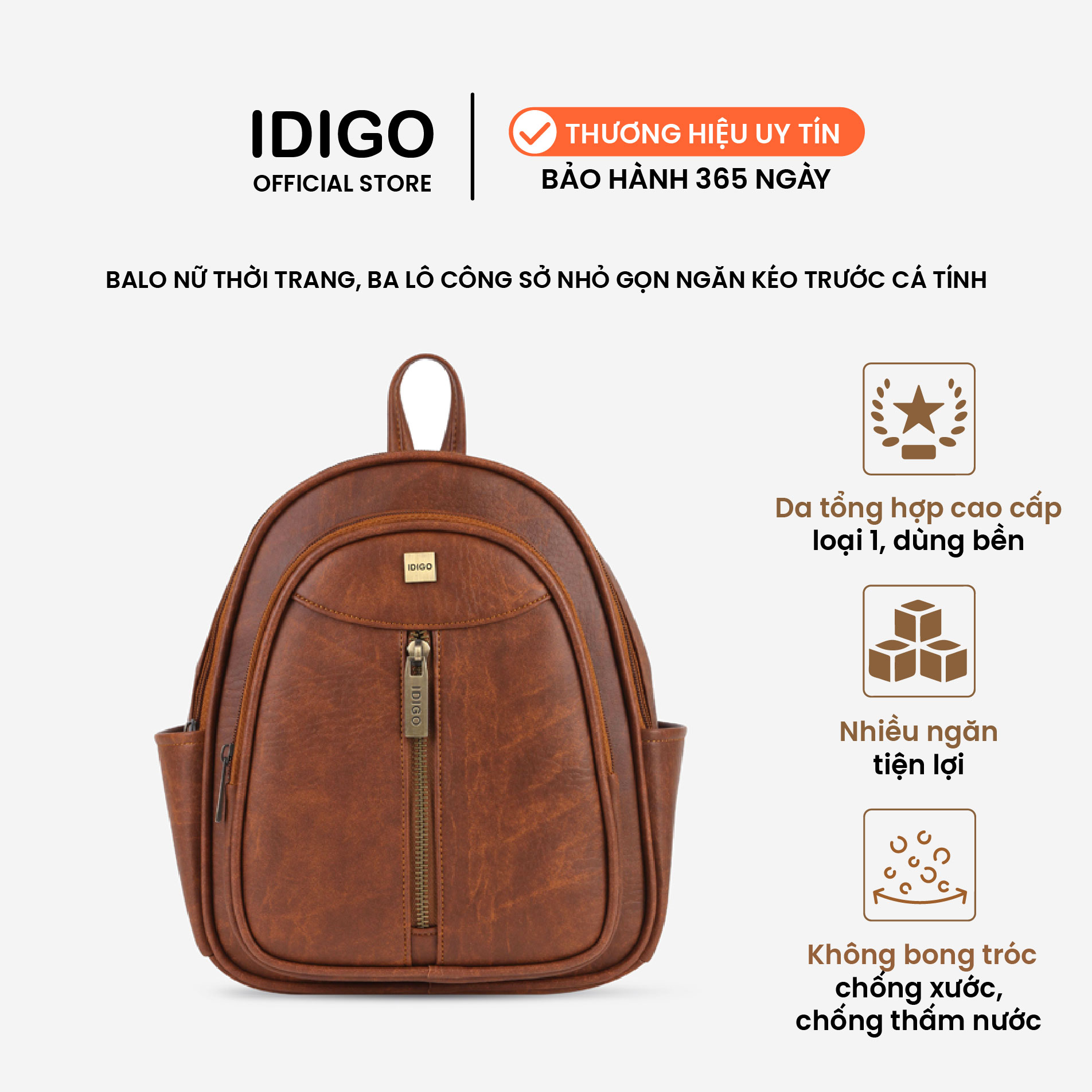 Balo nữ chi tiết ngăn kéo trước cá tính IDIGO FBP2-3370-00