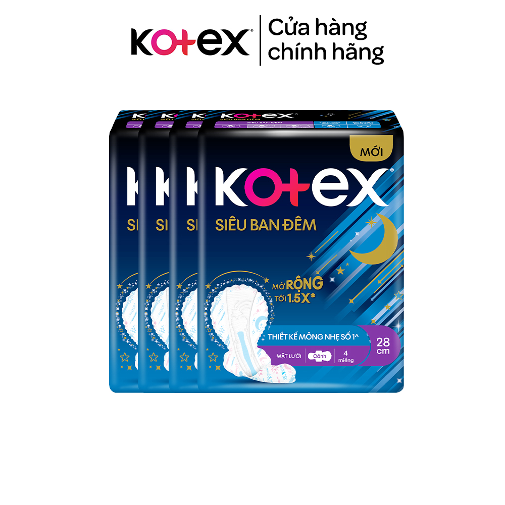 Combo 4 gói băng vệ sinh Kotex ban đêm mặt lưới 4 miếng 28cm, siêu mỏng cánh