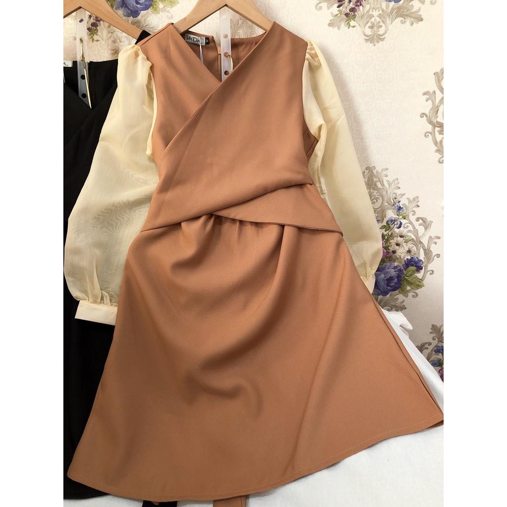 Đầm xòe tay dài cổ đắp chéo tay phối voan đi tiệc cưới, dạo phố cà phê xinh yêu, đẹp cao cấp - V700VDVDVDVD