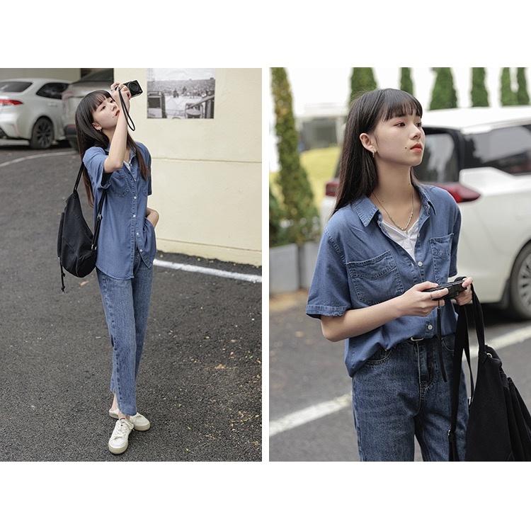MS683 Áo sơ mi jeans nữ cộc tay hai túi, áo bò túi ngực
