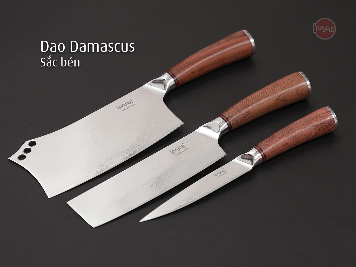 Dao gọt Damascus iMat, lưỡi dài 12cm được làm bằng bằng thép không gỉ 9Cr18, cán gỗ cẩm lai tự nhiên