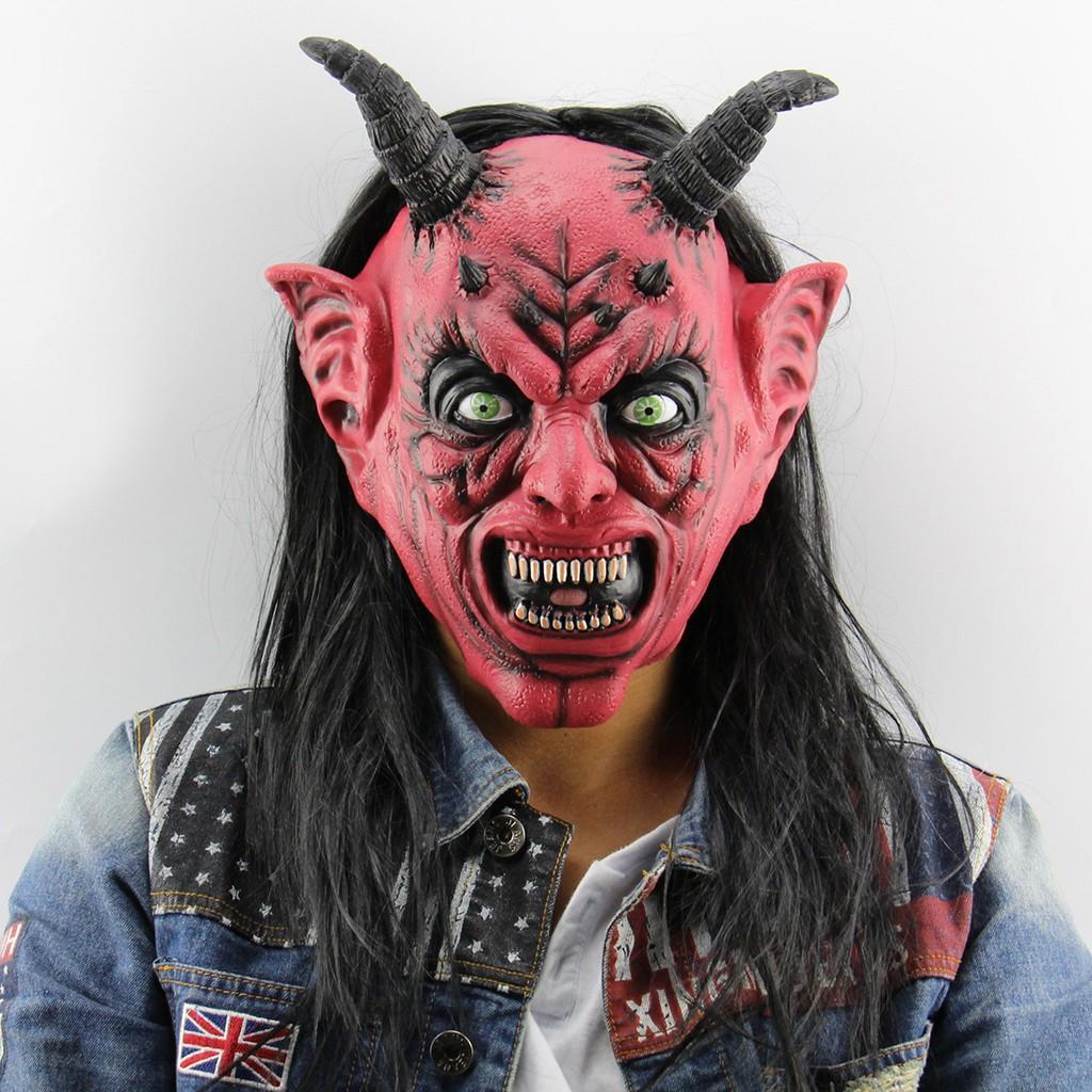 Mặt nạ đỏ 2 sừng kèm bộ tóc đen dài dùng trong hóa trang halloween,trung thu,sự kiện,lễ hội độc đáo