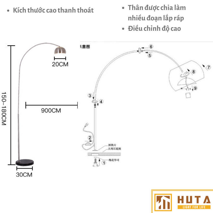 Đèn Cây Đứng HUTA KC3 Thân Cong Inox, Trang Trí Phòng Khách Phòng Ngủ, Sofa, Góc Tường, Cao Cấp Sang Trọng, Bóng Led Ánh Sáng Vàng Tiết Kiệm Điện