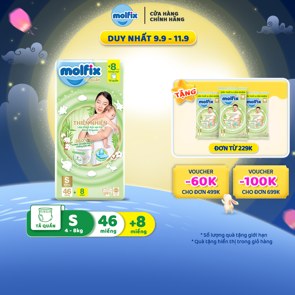 Tã/bỉm quần Molfix Thiên nhiên Jumbo S (4kg - 8kg) - Gói 44+6 miếng