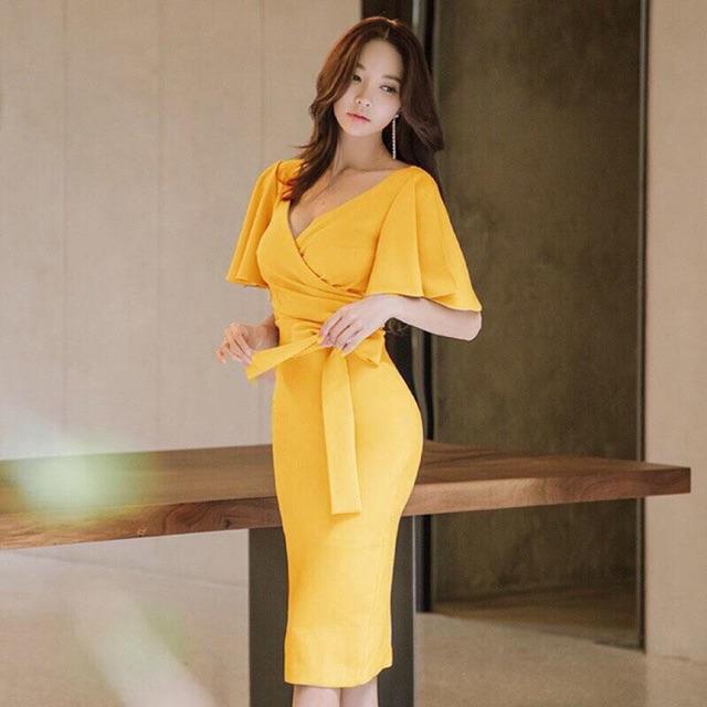 Đầm body cổ V đắp dây nơ eo S.MLXL